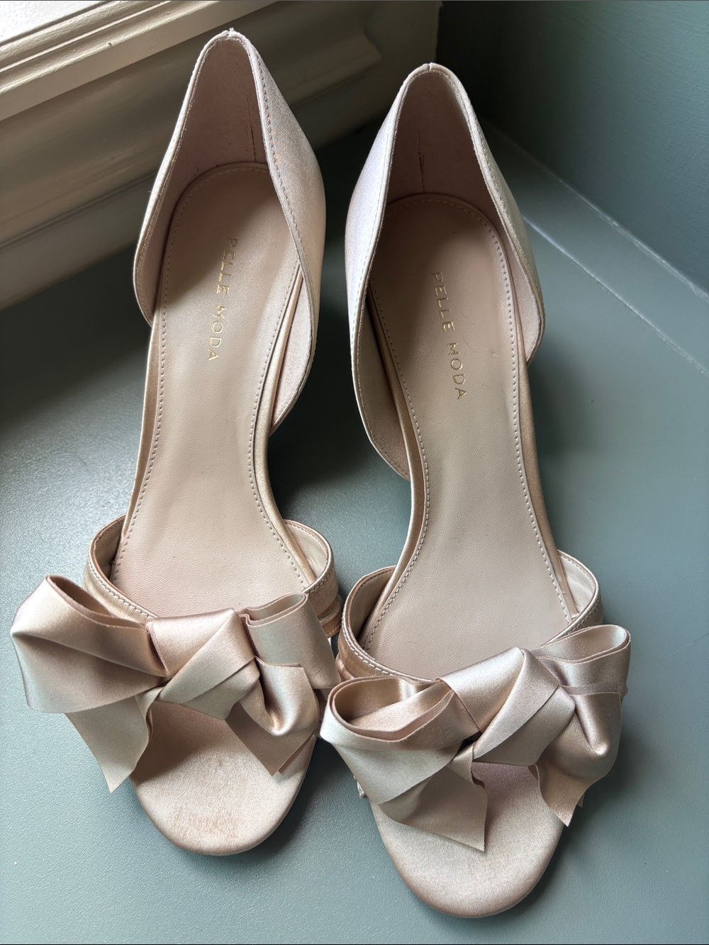 Pelle Moda Women's Satin D'Orsay Bow Sandals in Blush Champaign Formal Wedding.